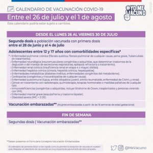 Calendario de vacunación entre el 26 de julio y el primero de agosto!