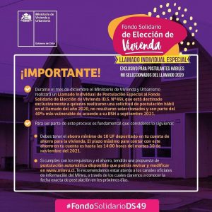 📌 INFORMACIÓN IMPORTANTE LLAMADO INDIVIDUAL DE POSTULACIÓN ESPECIAL AL FONDO SOLIDARIODE ELECCIÓN DE VIVIENDA DS49.-